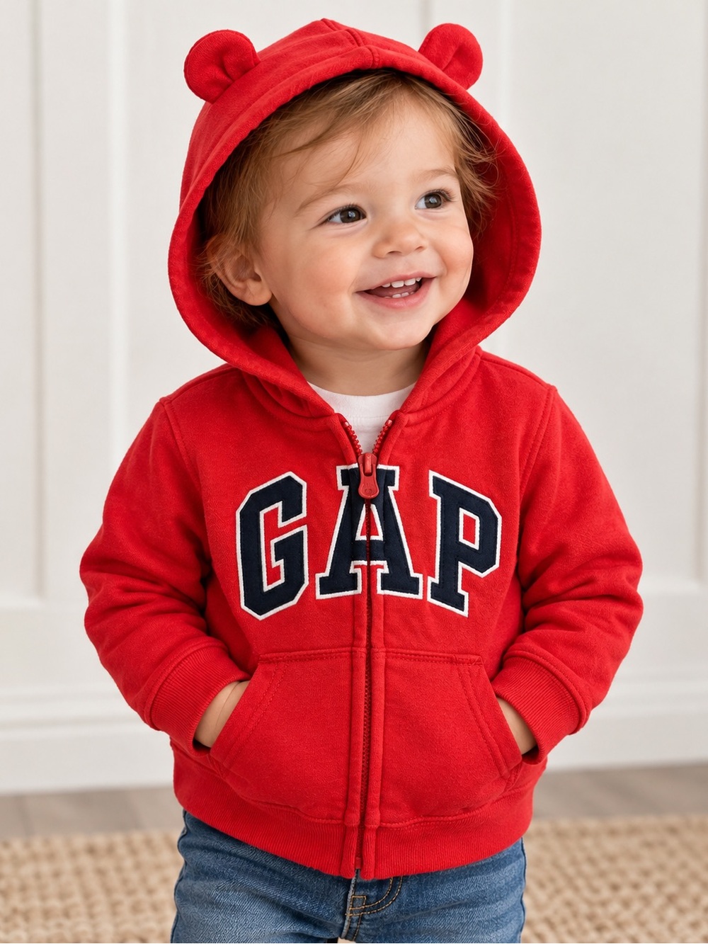 Baby Gap 12-18M Red Logo Bear Ear Zip Hoodie